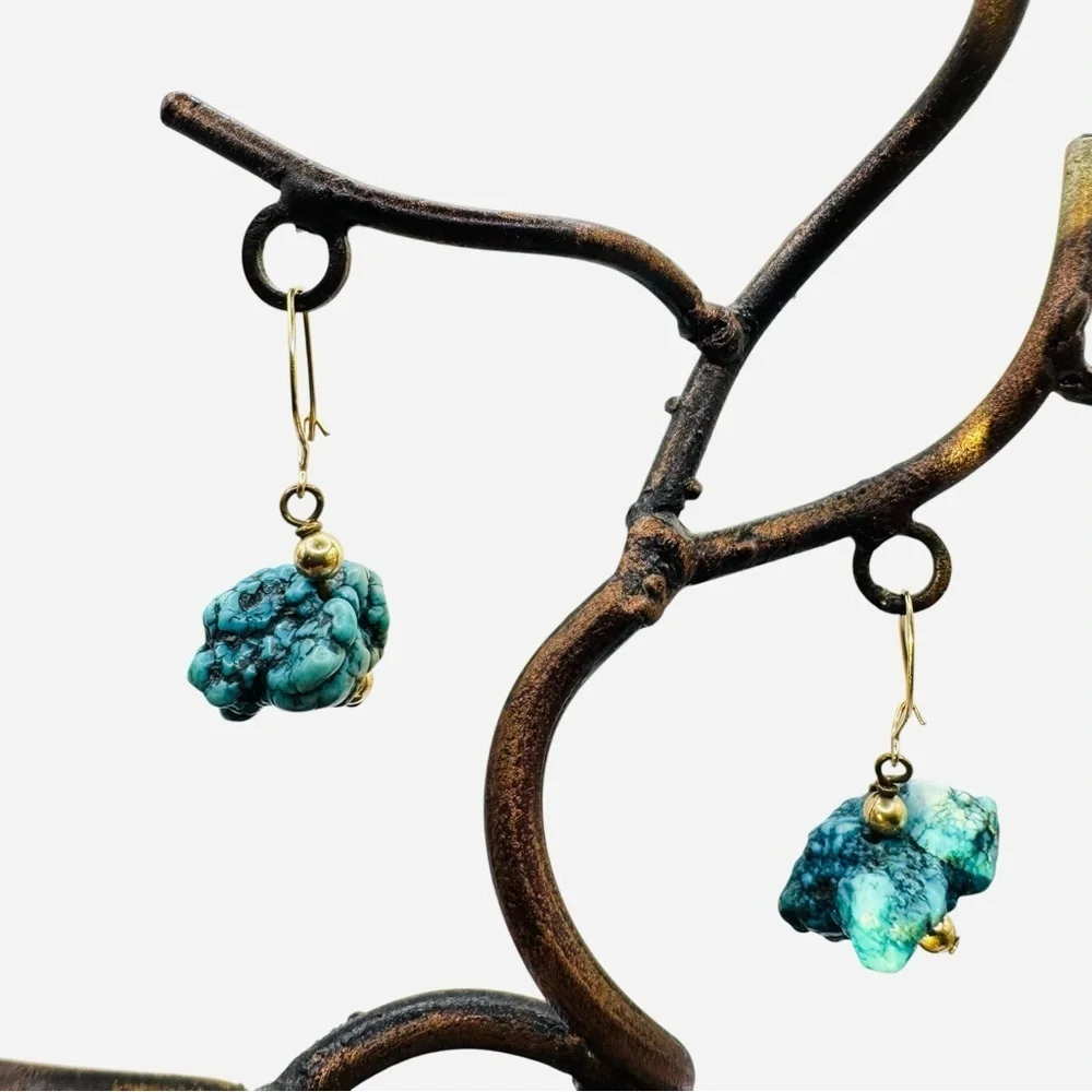 Raw Turquoise Nugget Drop Earrings Boho Gold Tone